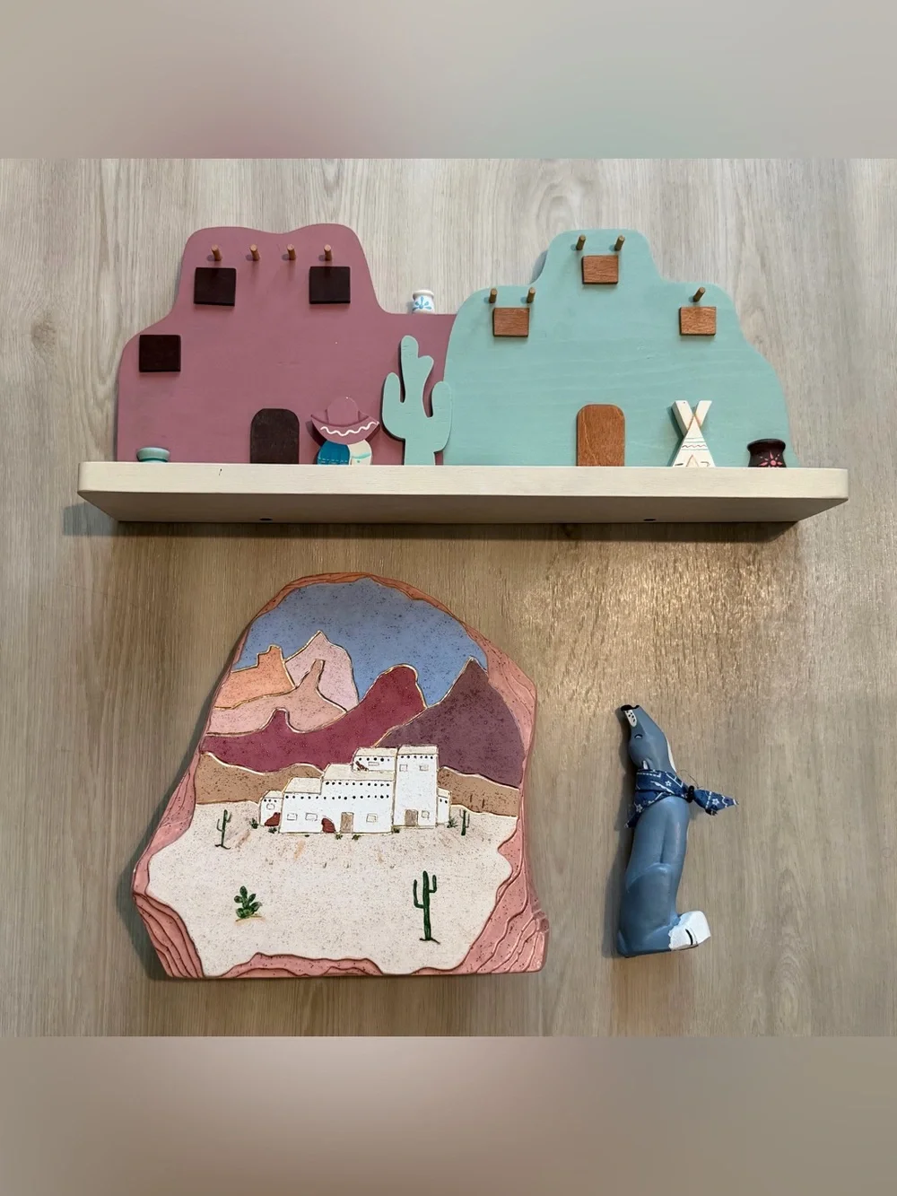 Vintage Lot Of Southwestern Decor Handpainted Faux Scenic Rock / Shelf/ Wolf